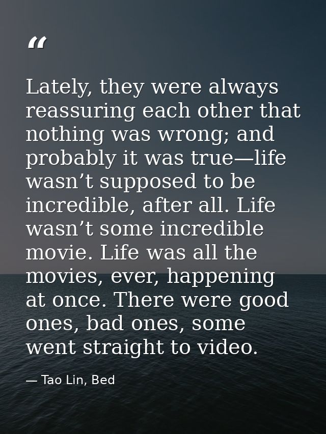 Lately, they were always reassuring each other that nothing was wrong; and probably it was true—life wasn’t supposed to  — Tao Lin, Bed