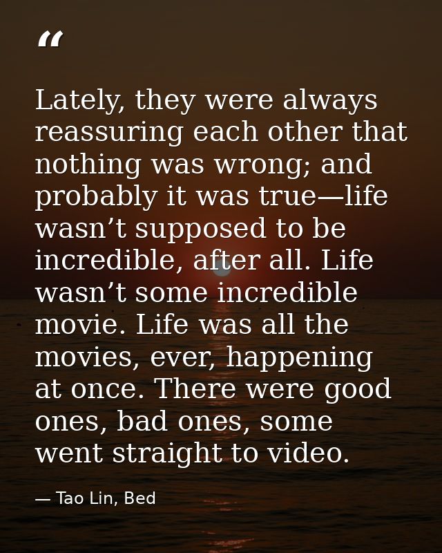 Lately, they were always reassuring each other that nothing was wrong; and probably it was true—life wasn’t supposed to  — Tao Lin, Bed