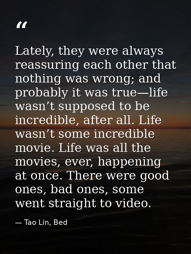 Lately, they were always reassuring each other that nothing was wrong; and probably it was true—life wasn’t supposed to  — Tao Lin, Bed