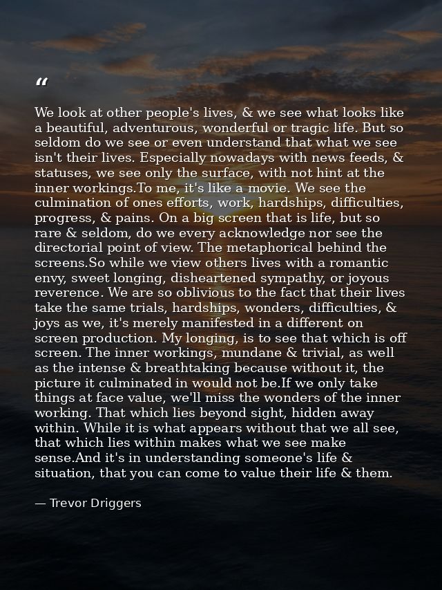 We look at other people's lives, & we see what looks like a beautiful, adventurous, wonderful or tragic life. But so sel — Trevor Driggers