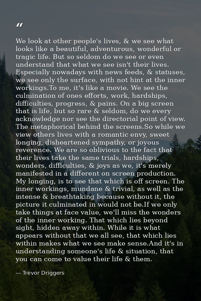 We look at other people's lives, & we see what looks like a beautiful, adventurous, wonderful or tragic life. But so sel — Trevor Driggers