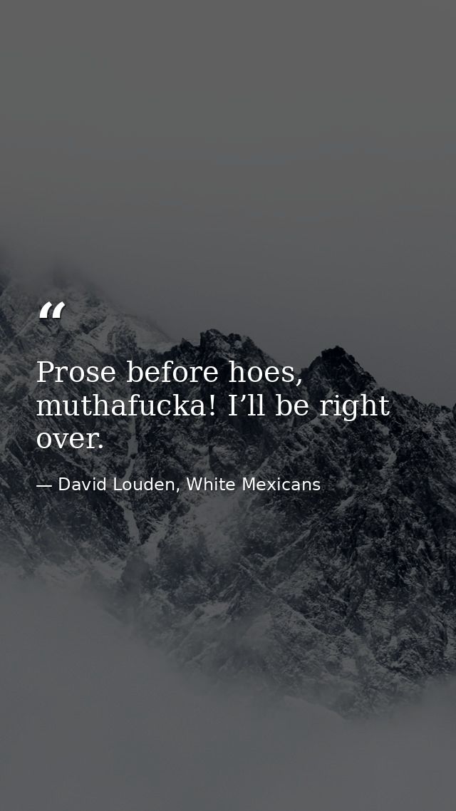 Prose before hoes, muthafucka! I’ll be right over. — David Louden, White Mexicans