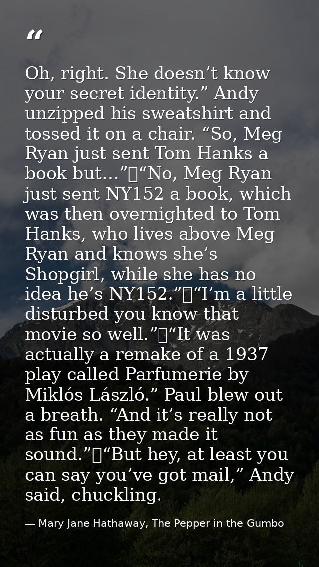 Oh, right. She doesn’t know your secret identity.” Andy unzipped his sweatshirt and tossed it on a chair. “So, Meg Ryan  — Mary Jane Hathaway, The Pepper in the Gumbo