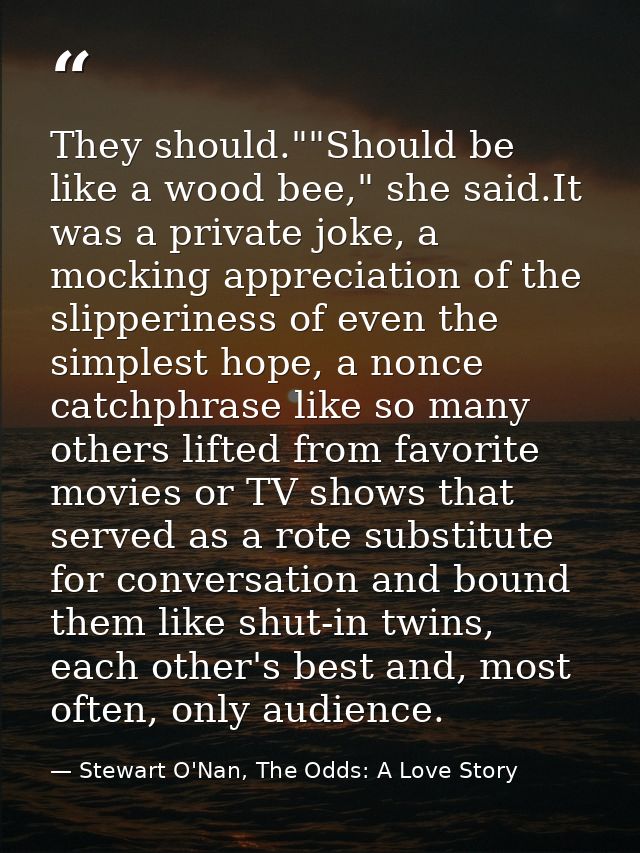 They should.""Should be like a wood bee," she said.It was a private joke, a mocking appreciation of the slipperiness of  — Stewart O'Nan, The Odds: A Love Story