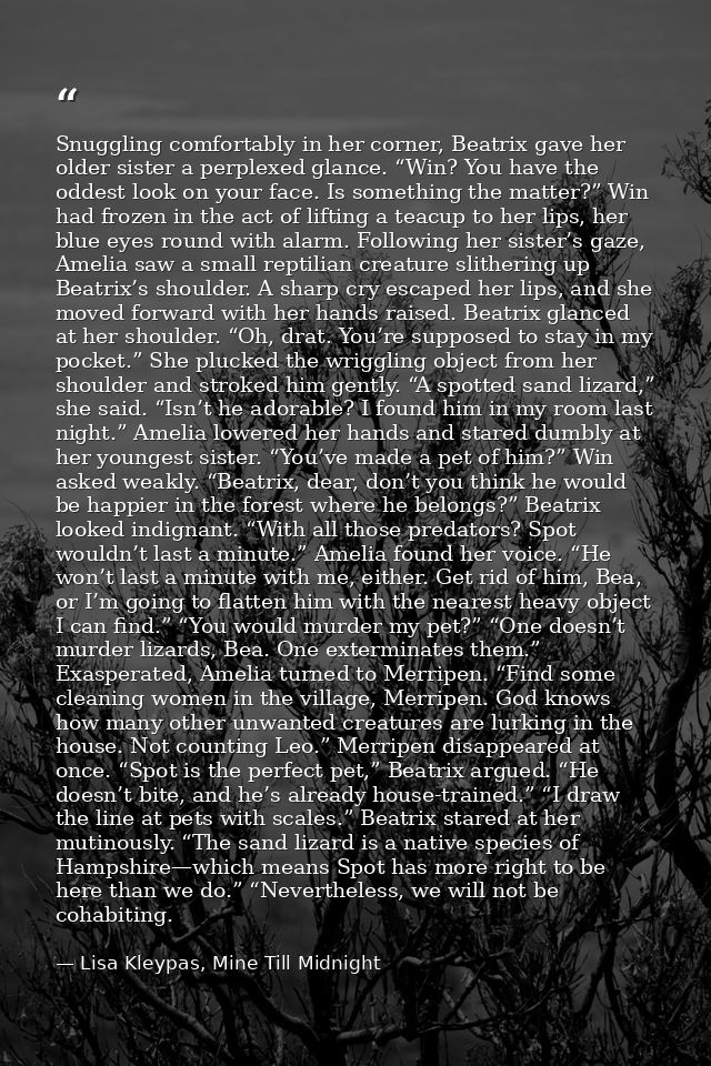 Snuggling comfortably in her corner, Beatrix gave her older sister a perplexed glance. “Win? You have the oddest look on — Lisa Kleypas, Mine Till Midnight