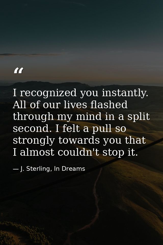 I recognized you instantly. All of our lives flashed through my mind in a split second. I felt a pull so strongly toward — J. Sterling, In Dreams