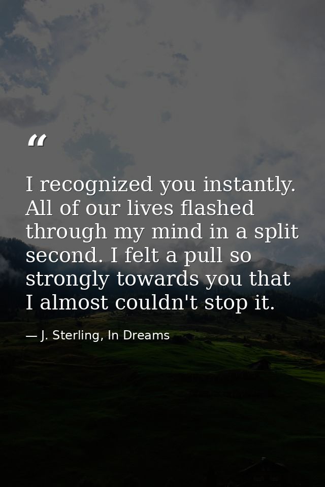 I recognized you instantly. All of our lives flashed through my mind in a split second. I felt a pull so strongly toward — J. Sterling, In Dreams