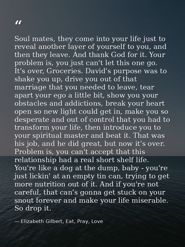 Soul mates, they come into your life just to reveal another layer of yourself to you, and then they leave. And thank God — Elizabeth Gilbert, Eat, Pray, Love