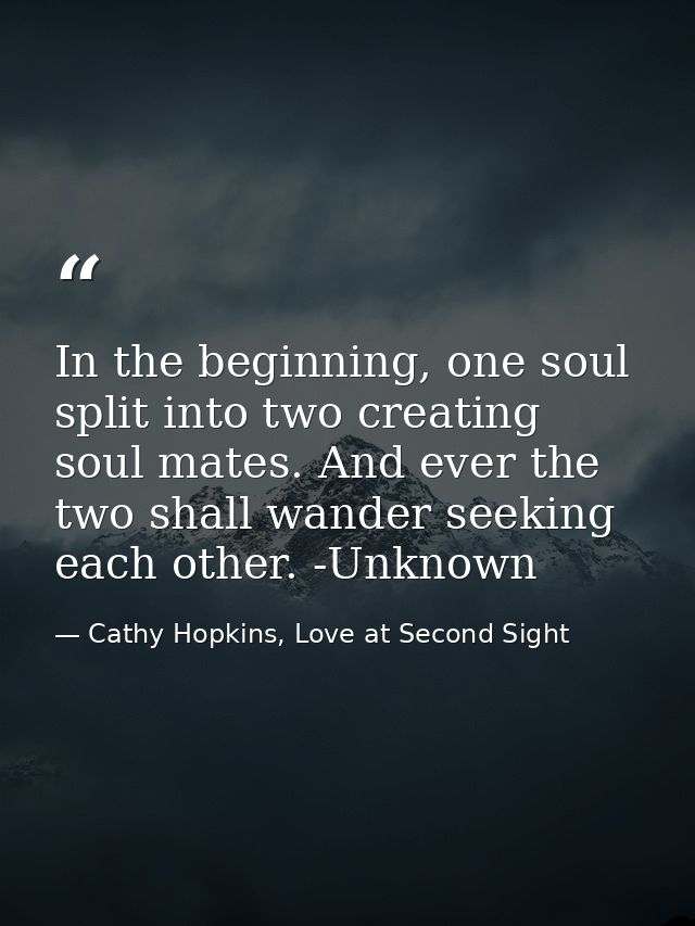 In the beginning, one soul split into two creating soul mates. And ever the two shall wander seeking each other. -Unknow — Cathy Hopkins, Love at Second Sight
