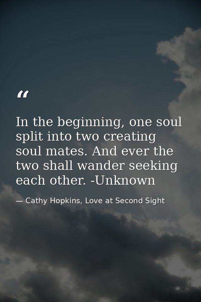 In the beginning, one soul split into two creating soul mates. And ever the two shall wander seeking each other. -Unknow — Cathy Hopkins, Love at Second Sight