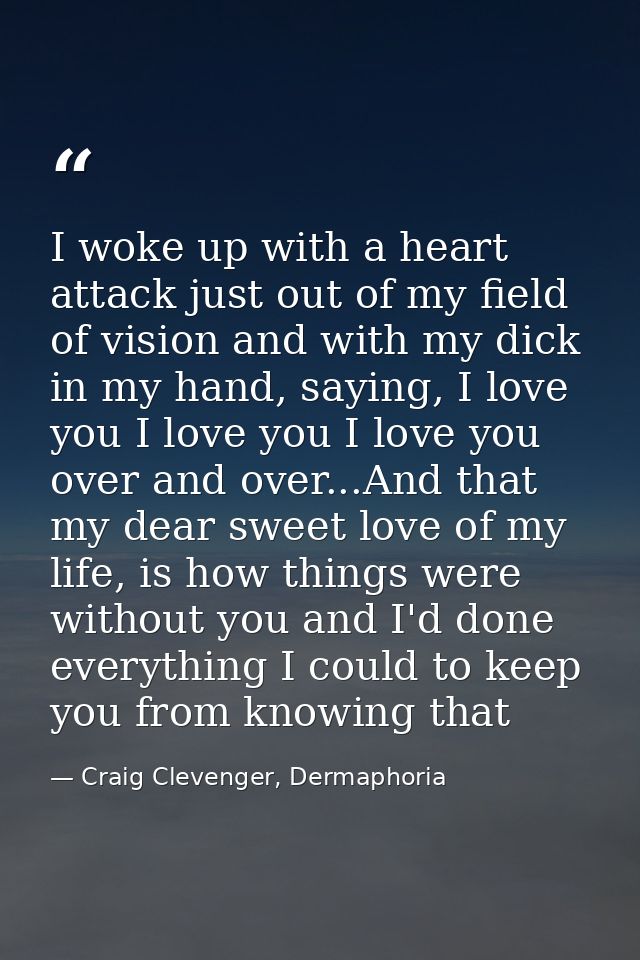 I woke up with a heart attack just out of my field of vision and with my dick in my hand, saying, I love you I love you  — Craig Clevenger, Dermaphoria