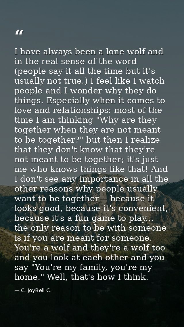 I have always been a lone wolf and in the real sense of the word (people say it all the time but it's usually not true.) — C. JoyBell C.