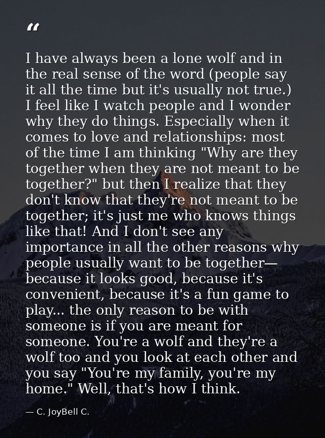 I have always been a lone wolf and in the real sense of the word (people say it all the time but it's usually not true.) — C. JoyBell C.