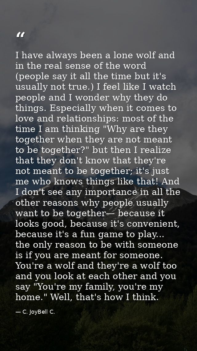 I have always been a lone wolf and in the real sense of the word (people say it all the time but it's usually not true.) — C. JoyBell C.