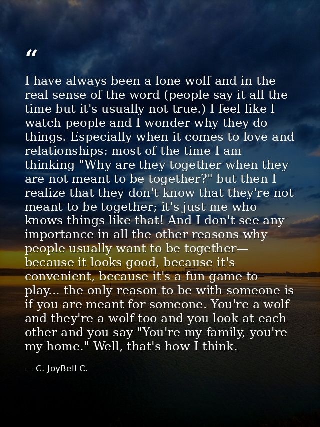 I have always been a lone wolf and in the real sense of the word (people say it all the time but it's usually not true.) — C. JoyBell C.