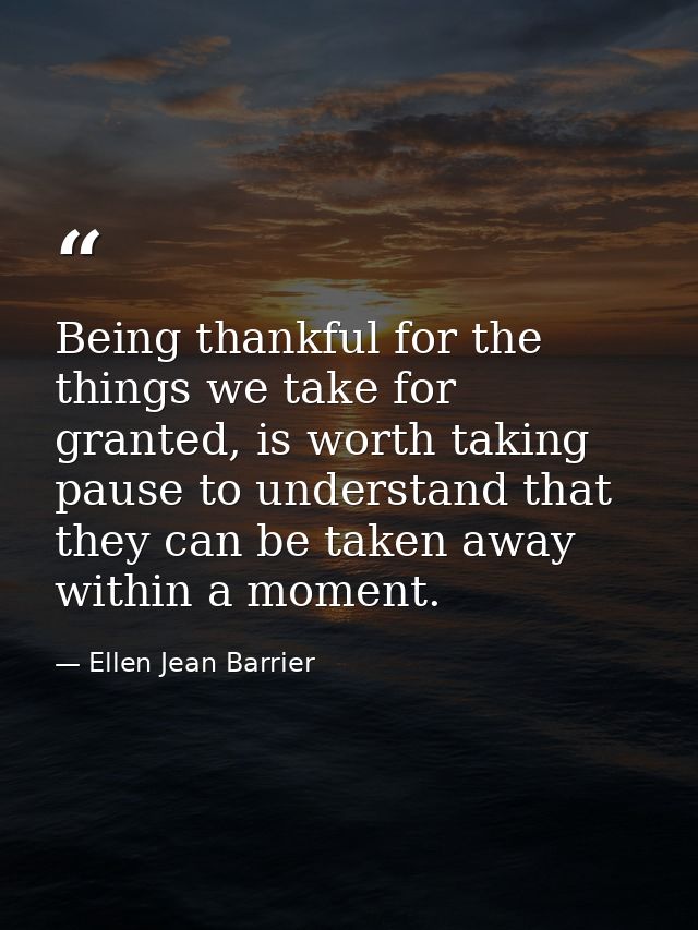 Being thankful for the things we take for granted, is worth taking pause to understand that they can be taken away withi — Ellen Jean Barrier