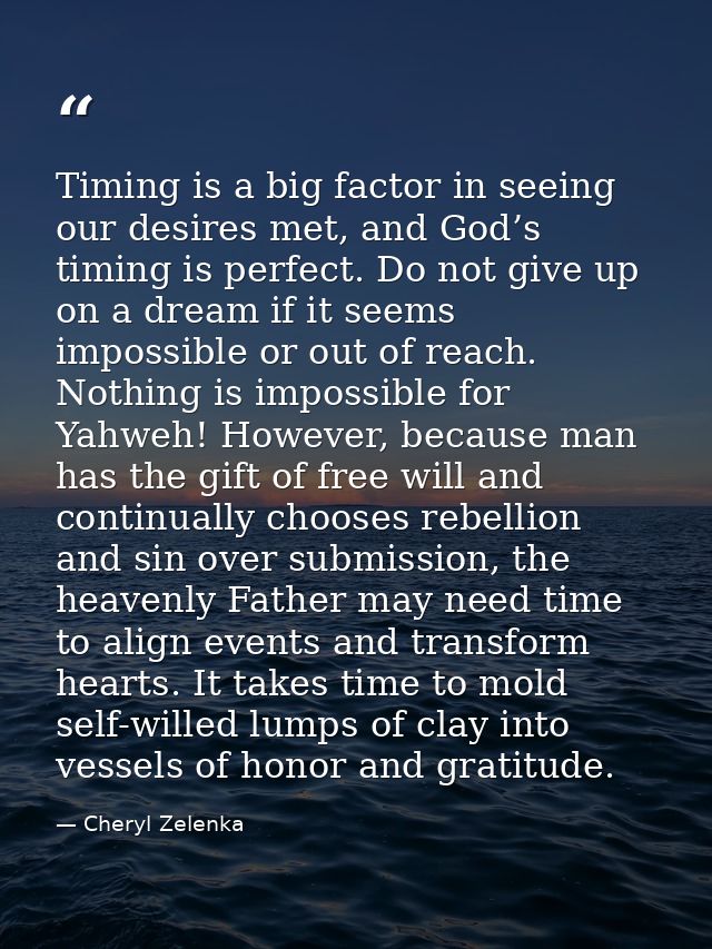 Timing is a big factor in seeing our desires met, and God’s timing is perfect. Do not give up on a dream if it seems imp — Cheryl Zelenka