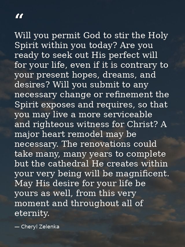 Will you permit God to stir the Holy Spirit within you today? Are you ready to seek out His perfect will for your life,  — Cheryl Zelenka