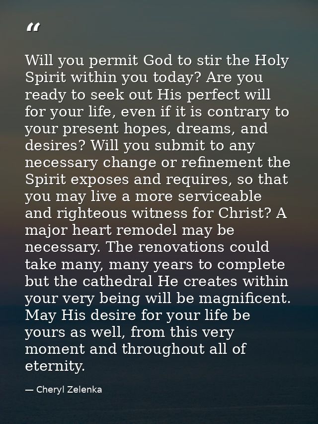 Will you permit God to stir the Holy Spirit within you today? Are you ready to seek out His perfect will for your life,  — Cheryl Zelenka
