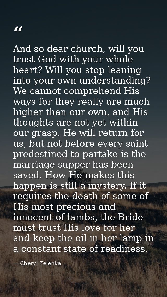And so dear church, will you trust God with your whole heart? Will you stop leaning into your own understanding? We cann — Cheryl Zelenka