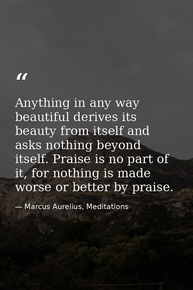 Anything in any way beautiful derives its beauty from itself and asks nothing beyond itself. Praise is no part of it, fo — Marcus Aurelius, Meditations