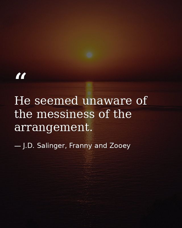 He seemed unaware of the messiness of the arrangement. — J.D. Salinger, Franny and Zooey