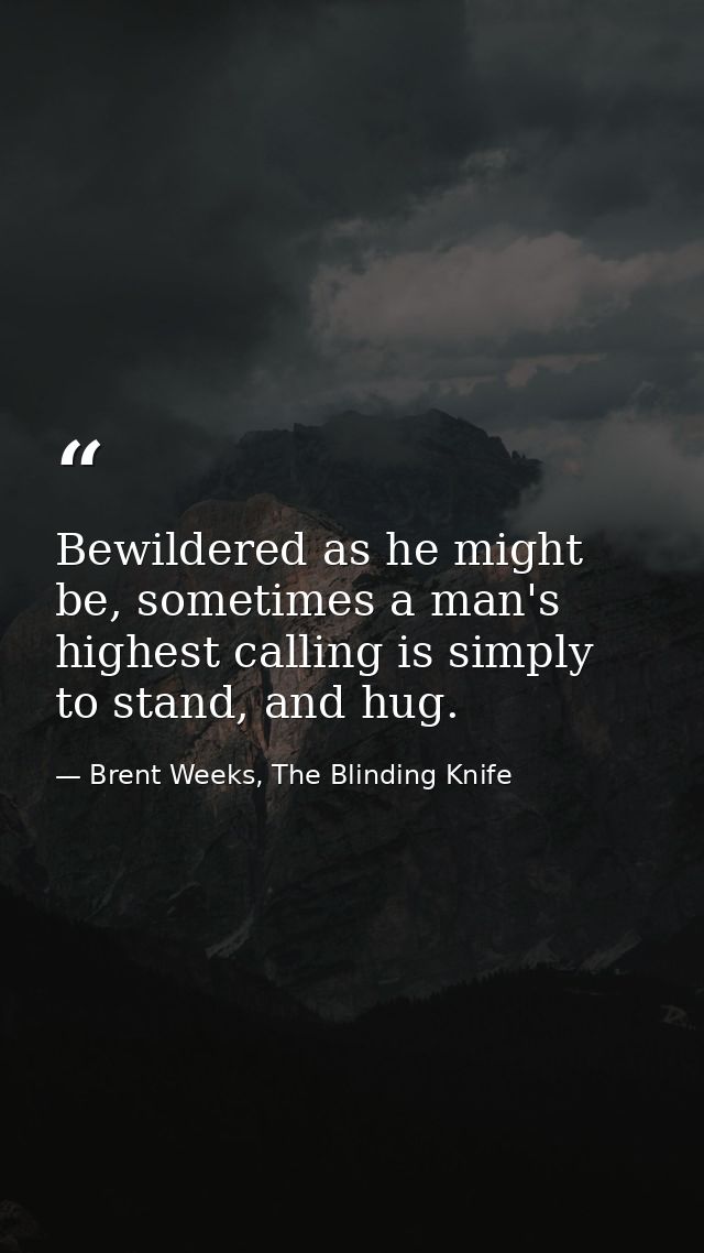 Bewildered as he might be, sometimes a man's highest calling is simply to stand, and hug. — Brent Weeks, The Blinding Knife