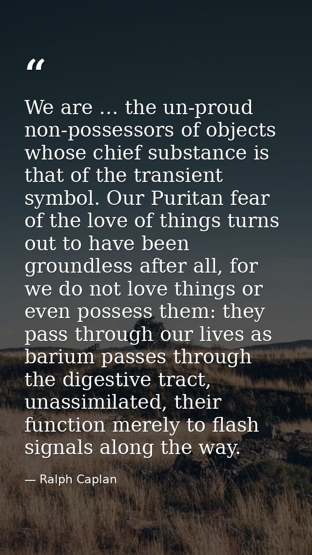 We are … the un-proud non-possessors of objects whose chief substance is that of the transient symbol. Our Puritan fear  — Ralph Caplan