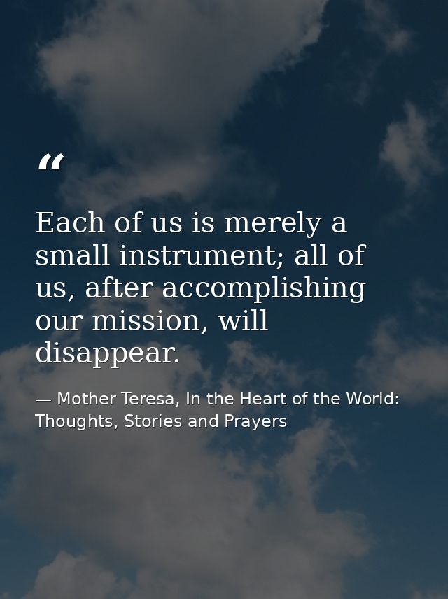 Each of us is merely a small instrument; all of us, after accomplishing our mission, will disappear. — Mother Teresa, In the Heart of the World: Thoughts, Stories and Prayers