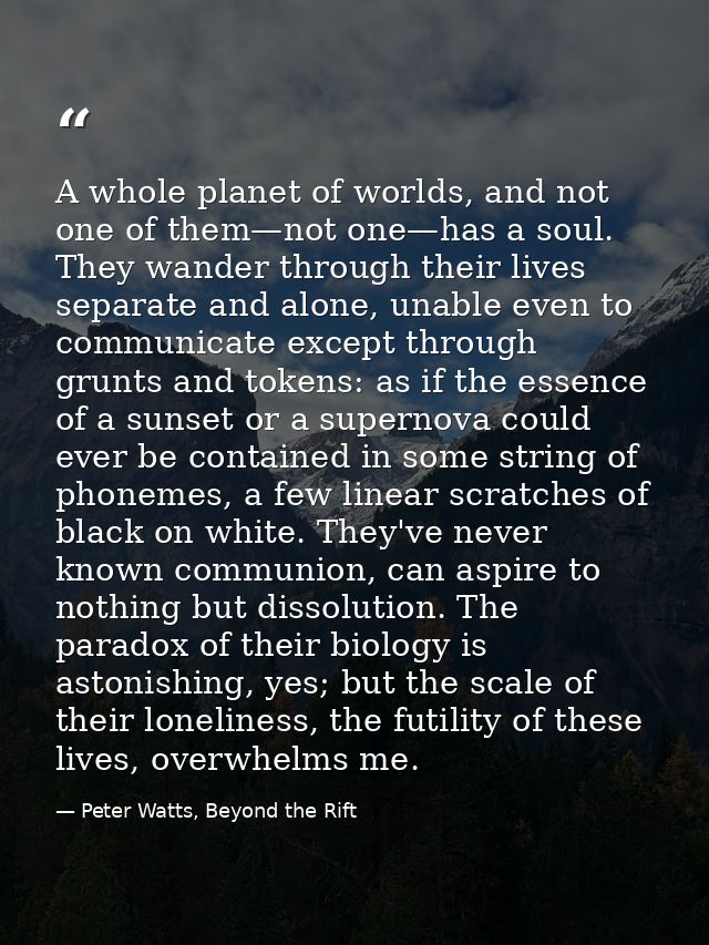 A whole planet of worlds, and not one of them—not one—has a soul. They wander through their lives separate and alone, un — Peter Watts, Beyond the Rift