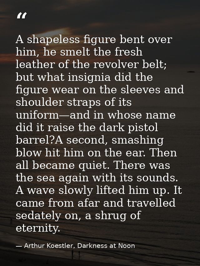 A shapeless figure bent over him, he smelt the fresh leather of the revolver belt; but what insignia did the figure wear — Arthur Koestler, Darkness at Noon