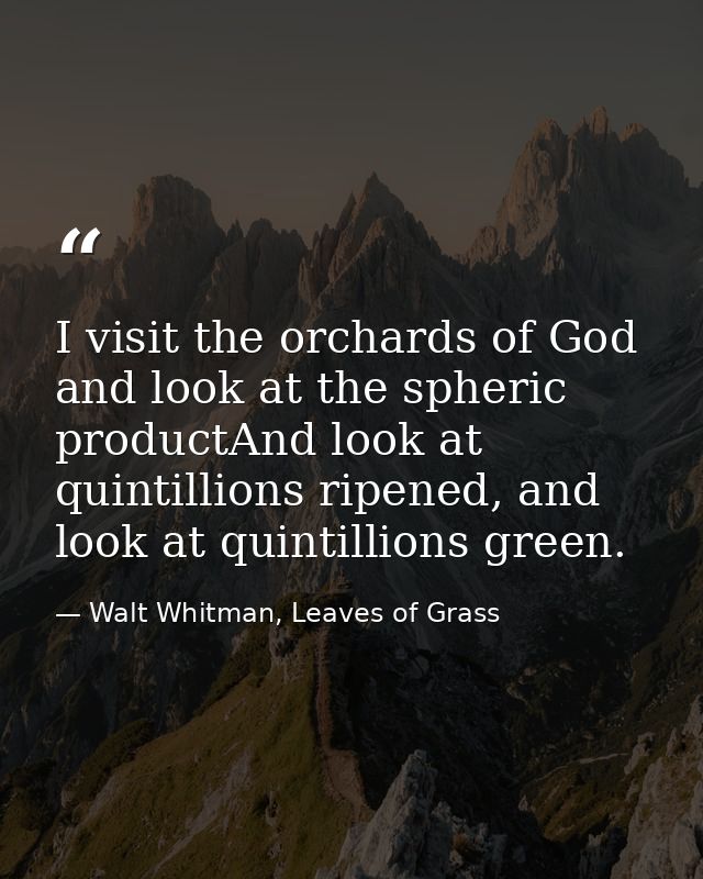 I visit the orchards of God and look at the spheric productAnd look at quintillions ripened, and look at quintillions gr — Walt Whitman, Leaves of Grass
