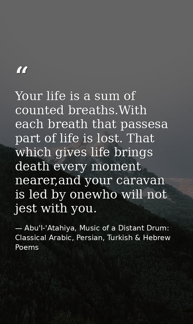 Your life is a sum of counted breaths.With each breath that passesa part of life is lost. That which gives life brings d — Abu'l-'Atahiya, Music of a Distant Drum: Classical Arabic, Persian, Turkish & Hebrew Poems