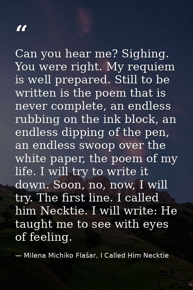 Can you hear me? Sighing. You were right. My requiem is well prepared. Still to be written is the poem that is never com — Milena Michiko Flašar, I Called Him Necktie