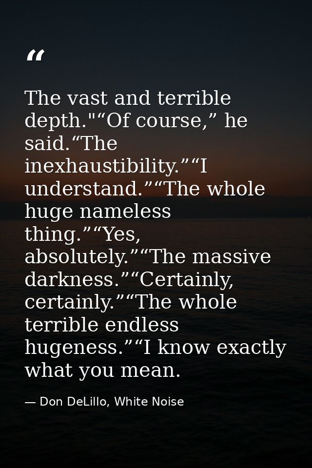The vast and terrible depth."“Of course,” he said.“The inexhaustibility.”“I understand.”“The whole huge nameless thing.” — Don DeLillo, White Noise