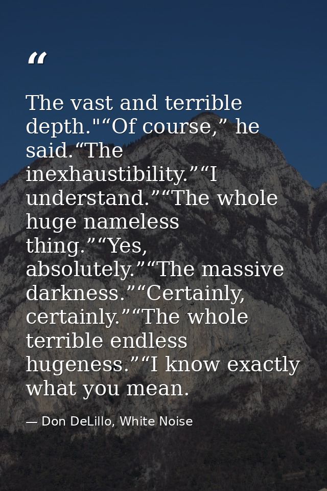 The vast and terrible depth."“Of course,” he said.“The inexhaustibility.”“I understand.”“The whole huge nameless thing.” — Don DeLillo, White Noise