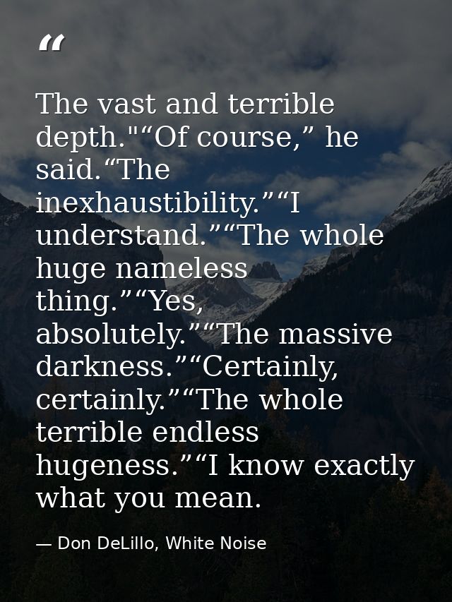 The vast and terrible depth."“Of course,” he said.“The inexhaustibility.”“I understand.”“The whole huge nameless thing.” — Don DeLillo, White Noise