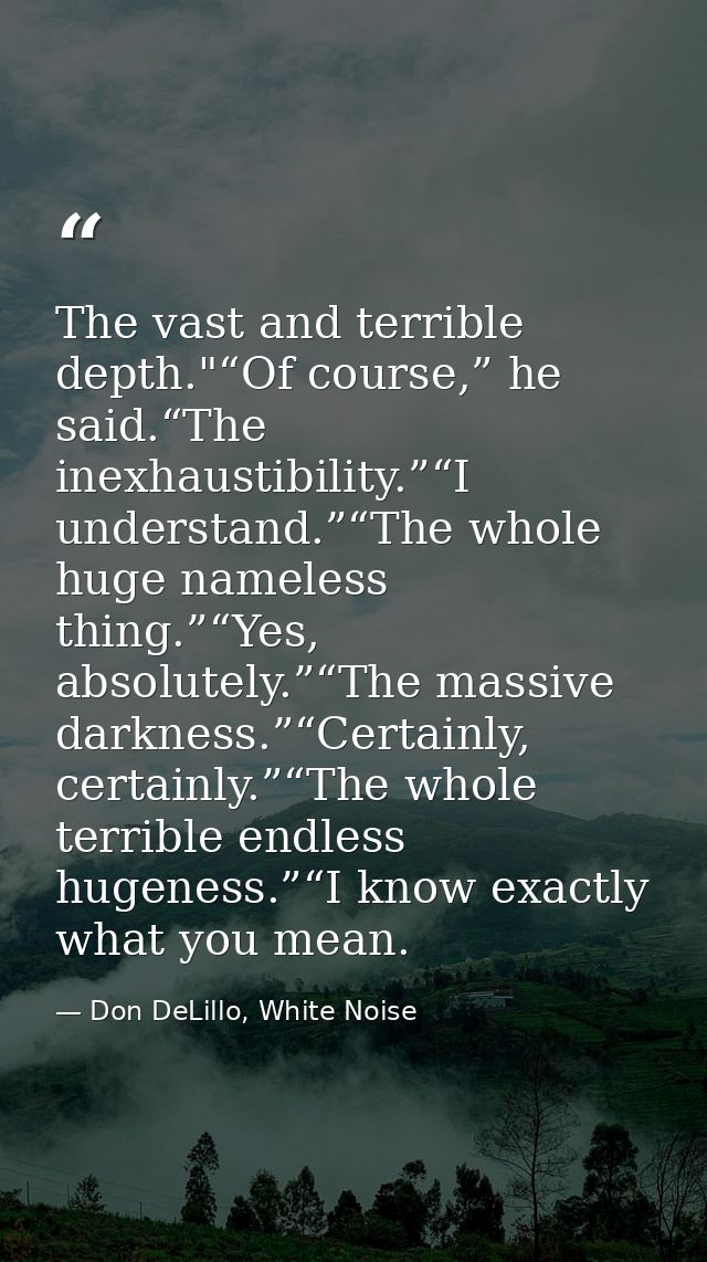 The vast and terrible depth."“Of course,” he said.“The inexhaustibility.”“I understand.”“The whole huge nameless thing.” — Don DeLillo, White Noise