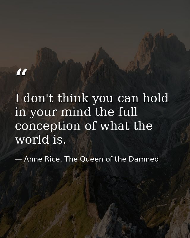 I don't think you can hold in your mind the full conception of what the world is. — Anne Rice, The Queen of the Damned