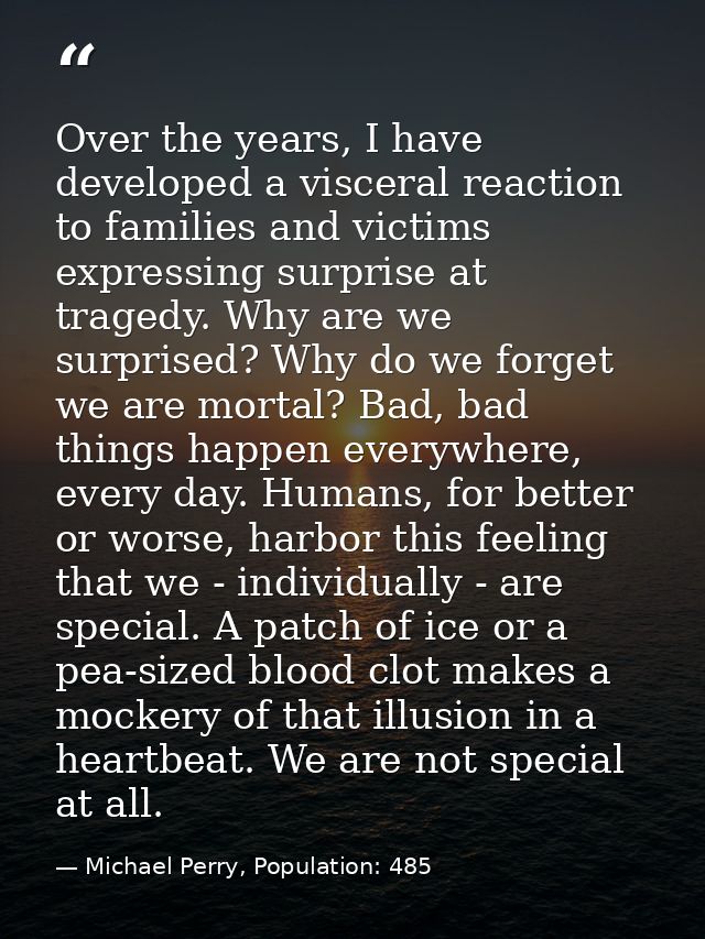 Over the years, I have developed a visceral reaction to families and victims expressing surprise at tragedy. Why are we  — Michael Perry, Population: 485