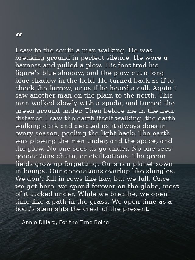 I saw to the south a man walking. He was breaking ground in perfect silence. He wore a harness and pulled a plow. His fe — Annie Dillard, For the Time Being