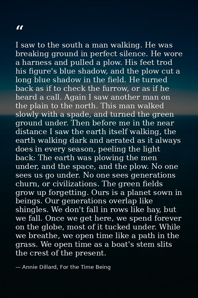 I saw to the south a man walking. He was breaking ground in perfect silence. He wore a harness and pulled a plow. His fe — Annie Dillard, For the Time Being