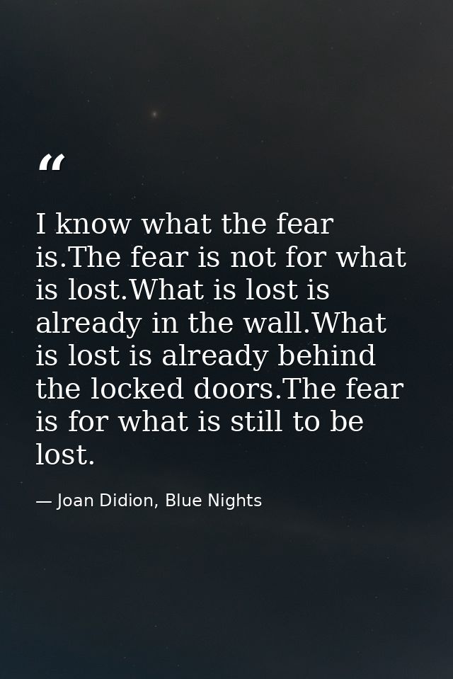 I know what the fear is.The fear is not for what is lost.What is lost is already in the wall.What is lost is already beh — Joan Didion, Blue Nights