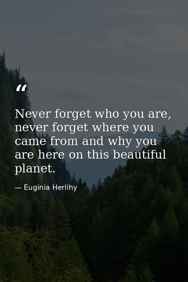 Never forget who you are, never forget where you came from and why you are here on this beautiful planet. — Euginia Herlihy