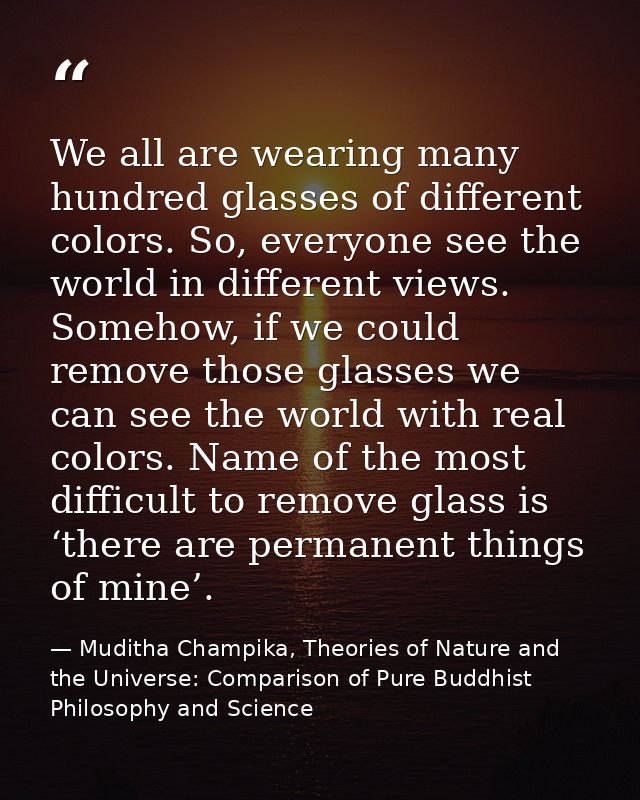 We all are wearing many hundred glasses of different colors. So, everyone see the world in different views. Somehow, if  — Muditha Champika, Theories of Nature and the Universe: Comparison of Pure Buddhist Philosophy and Science