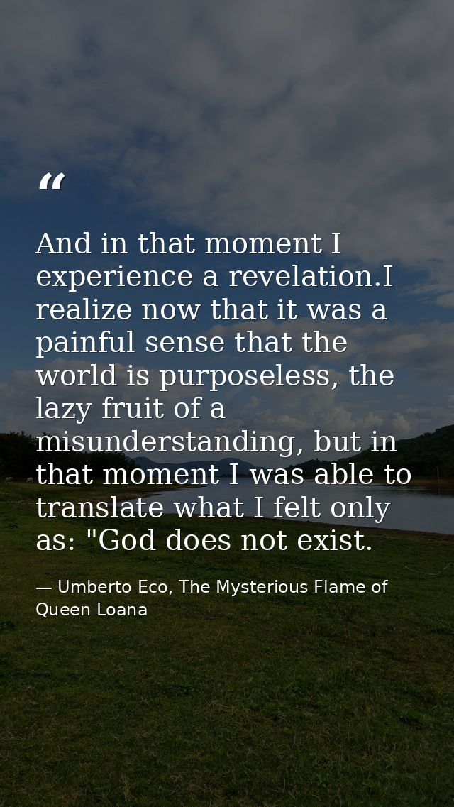 And in that moment I experience a revelation.I realize now that it was a painful sense that the world is purposeless, th — Umberto Eco, The Mysterious Flame of Queen Loana