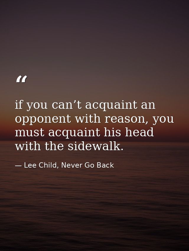 if you can’t acquaint an opponent with reason, you must acquaint his head with the sidewalk. — Lee Child, Never Go Back
