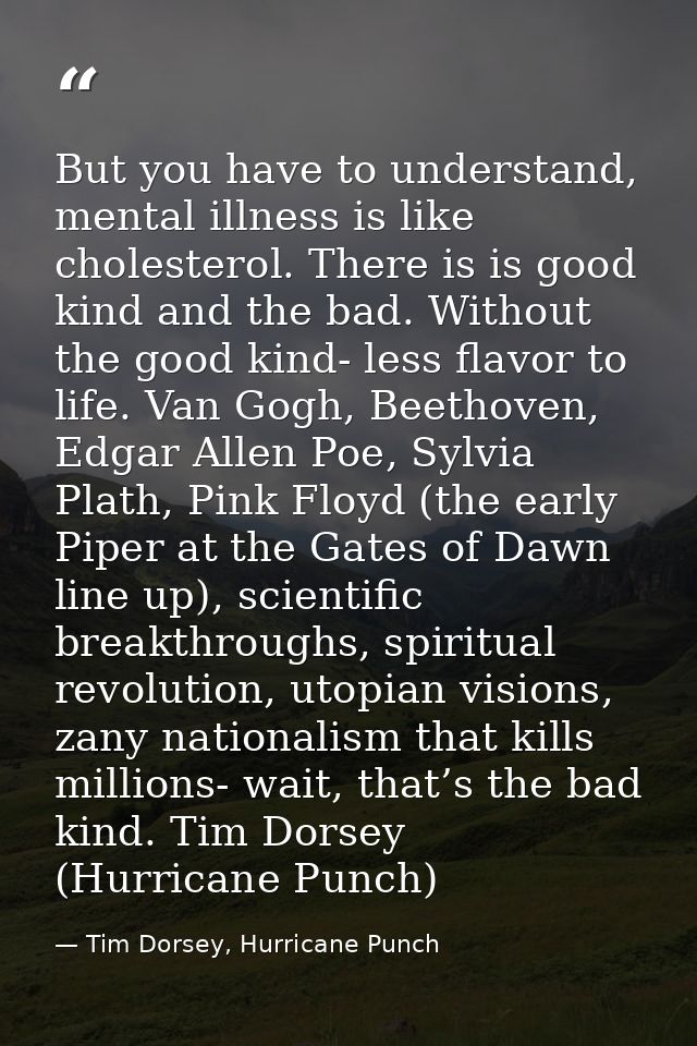 But you have to understand, mental illness is like cholesterol. There is is good kind and the bad. Without the good kind — Tim Dorsey, Hurricane Punch