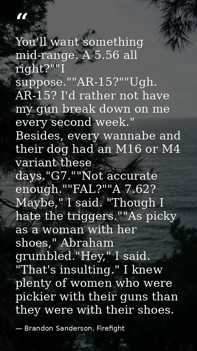 You'll want something mid-range. A 5.56 all right?""I suppose.""AR-15?""Ugh. AR-15? I'd rather not have my gun break dow — Brandon Sanderson, Firefight
