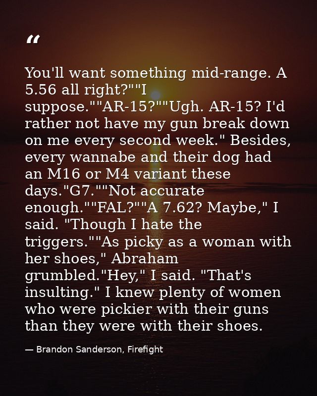 You'll want something mid-range. A 5.56 all right?""I suppose.""AR-15?""Ugh. AR-15? I'd rather not have my gun break dow — Brandon Sanderson, Firefight